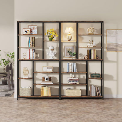79" Industrial Bookcase - 8-Shelf Staggered Wood & Metal Display Shelf