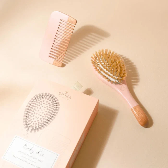 Baby Haircare Baby Shower Gift Set – Soft Boar Bristle Brush & Beechwood Comb, Gentle Newborn Hair Care (Pink)