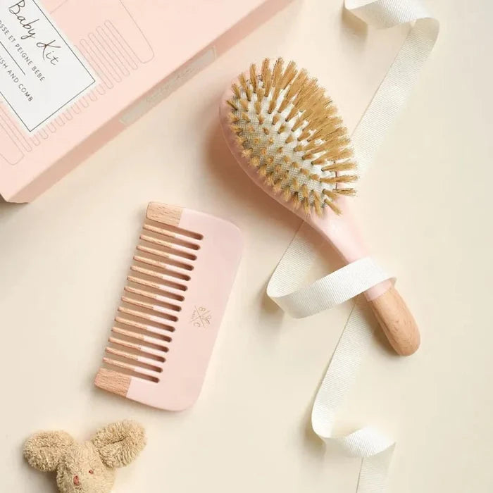 Baby Haircare Baby Shower Gift Set – Soft Boar Bristle Brush & Beechwood Comb, Gentle Newborn Hair Care (Pink)