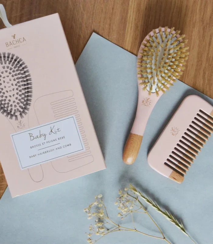 Baby Haircare Baby Shower Gift Set – Soft Boar Bristle Brush & Beechwood Comb, Gentle Newborn Hair Care (Pink)