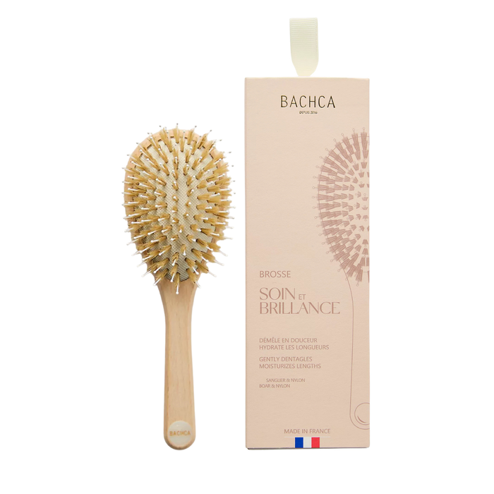 Bachca Care & Shine Hair Brush – Boar Bristles & Nylon Pins Detangling Brush for Shine & Frizz Control – Small (18.5cm) France 🇫🇷