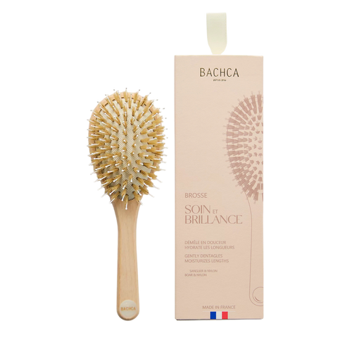 Bachca Care & Shine Hair Brush – Boar Bristles & Nylon Pins Detangling Brush for Shine & Frizz Control – Small (18.5cm) France 🇫🇷