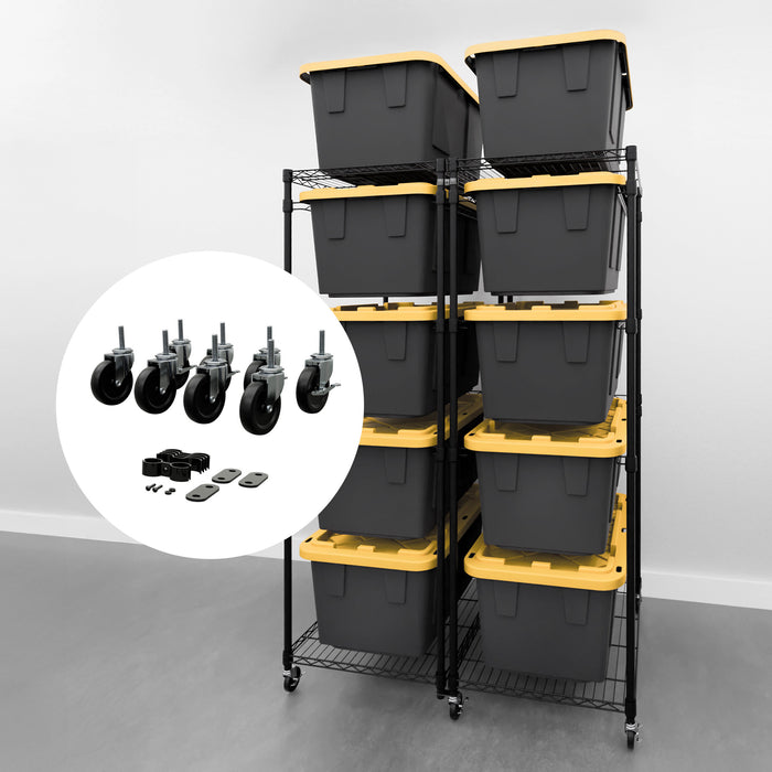 Black storage bin rack filled with black and yellow storage bins in a garage. Close-up highlight of casters and connector kit.