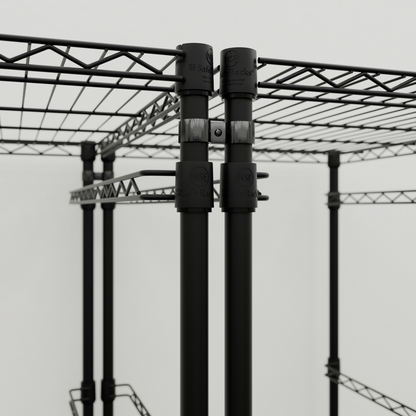 Close-up of connector kit installed on vertical posts of two black bin racks.