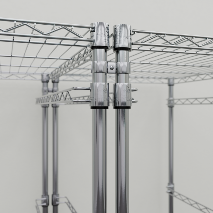 Close-up of connector kit installed on vertical posts of two silver bin racks.