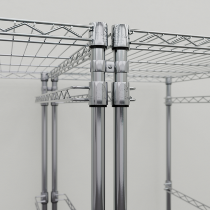 Close-up of connector kit installed on vertical posts of two silver bin racks.