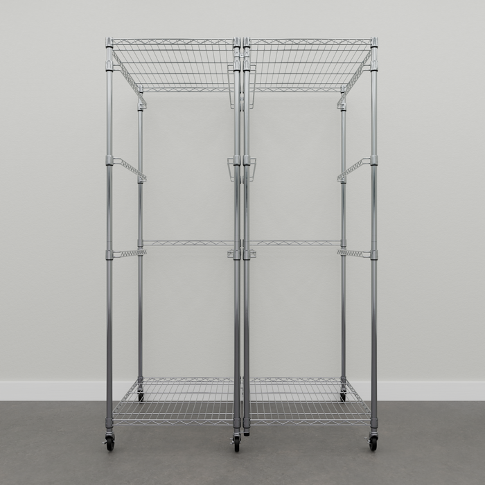 Two empty silver bin racks on wheels, their vertical posts connected together with a connector kit.