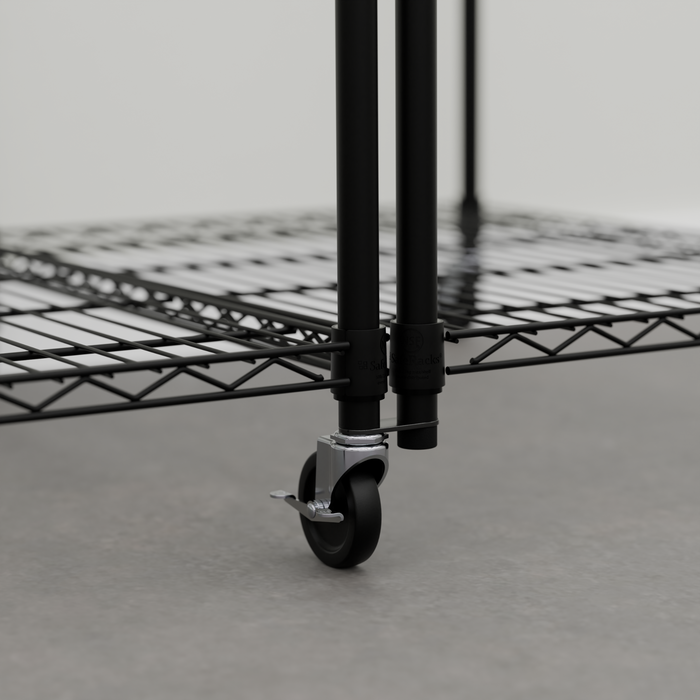 Close-up of wheels on a connected two-pack of black bin racks.