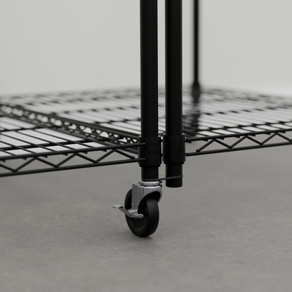Close-up of wheels on a connected two-pack of black bin racks.