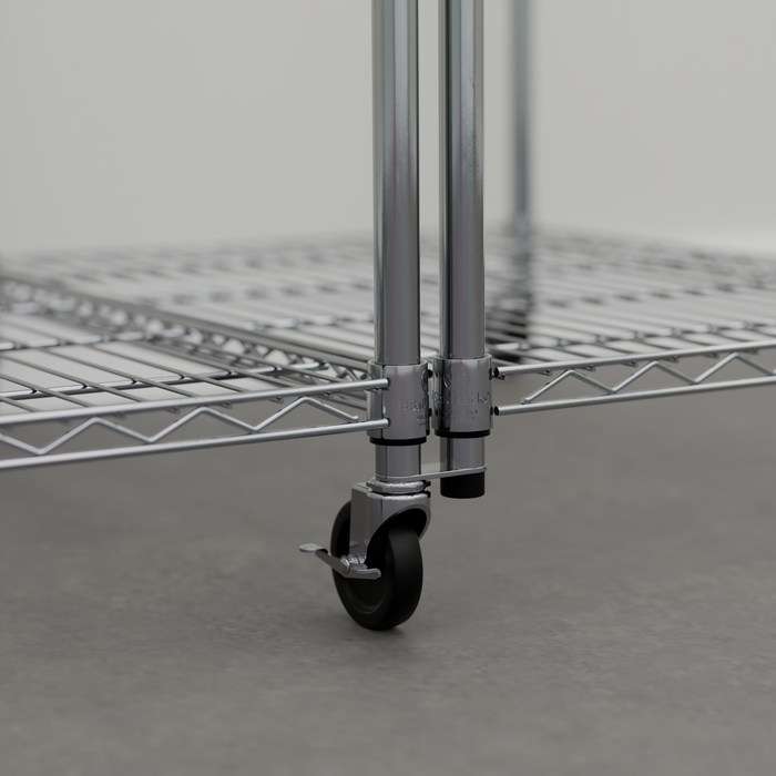 Close-up of wheels on a connected two-pack of silver bin racks.