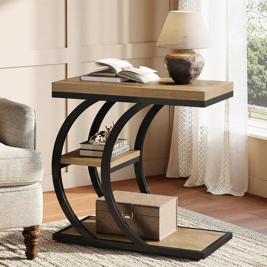 23.6" End Table, 3-Tier Couch C-Shaped Side Table with Storage#Colour_Brown