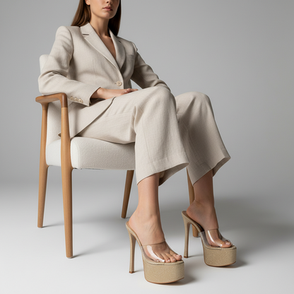 Debbie Platform Transparent Gold Vinyl worn by a model