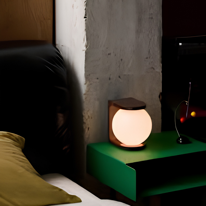 Fine Lumens Plat Max Desk Lamp – Globe Orb LED Ambient Nightstand Light & Wireless Charging Pad, 6.5" H, Coffee Brown