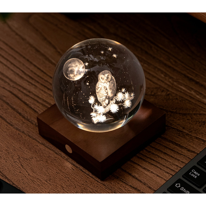 Gingko Design Amber Crystal Light 3D Laser-Engraved - The Owl Moon