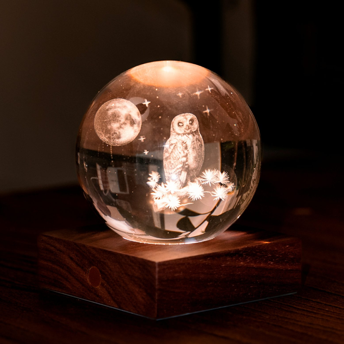 Gingko Design Amber Crystal Light 3D Laser-Engraved - The Owl Moon