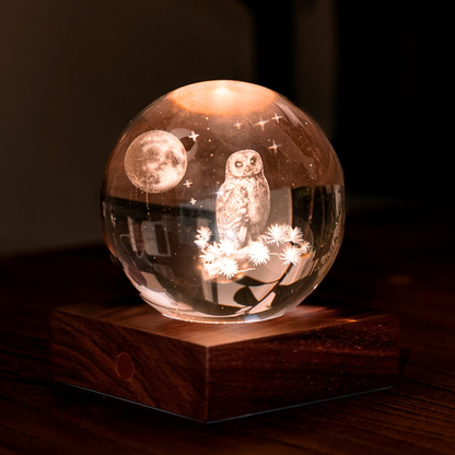 Gingko Design Amber Crystal Light 3D Laser-Engraved - The Owl Moon