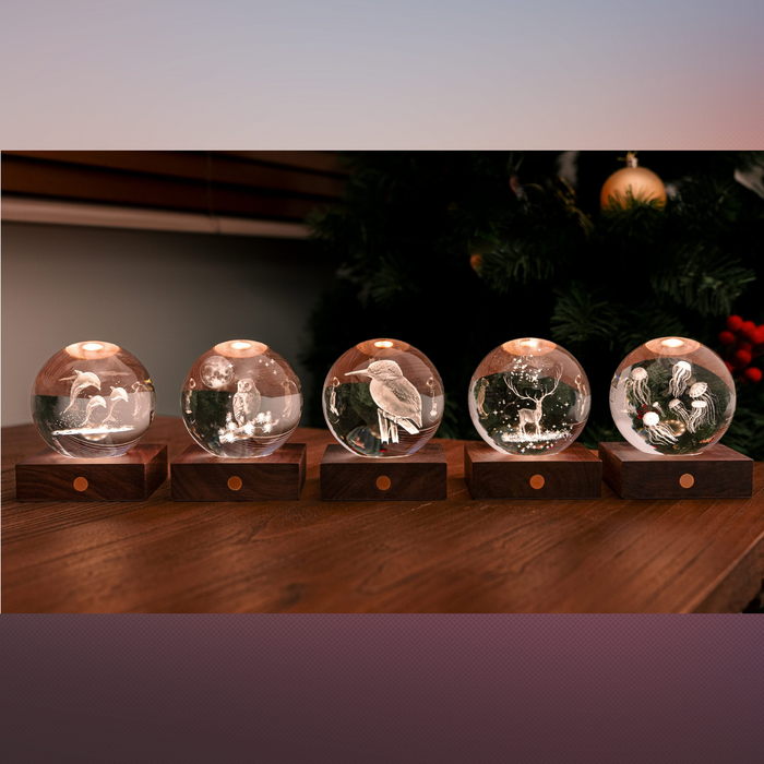 Gingko Design Amber Crystal Light 3D Laser-Engraved - The Owl Moon