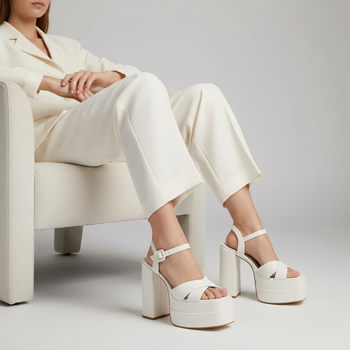 Hanna Platform Sandal Leather White worn by a model