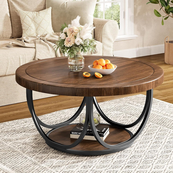 Industrial Round Coffee Table, 35.4 Inch Two-Tier Storage Table in Brown and Black