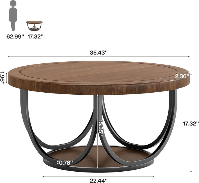 Industrial Round Coffee Table, 35.4 Inch Two-Tier Storage Table in Brown and Black