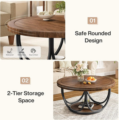 Industrial Round Coffee Table, 35.4 Inch Two-Tier Storage Table in Brown and Black