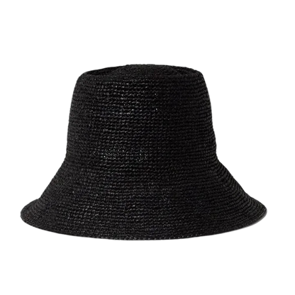 Janessa Leone Felix Bucket Raffia Straw Crochet Hat Packable Travel Bucket Hat – Black (Small)