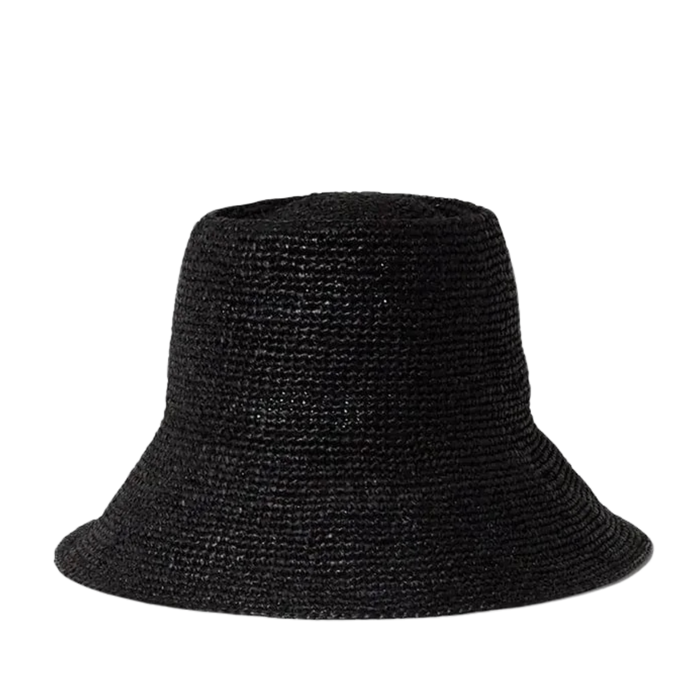 Janessa Leone Felix Bucket Raffia Straw Crochet Hat Packable Travel Bucket Hat – Black (Large)