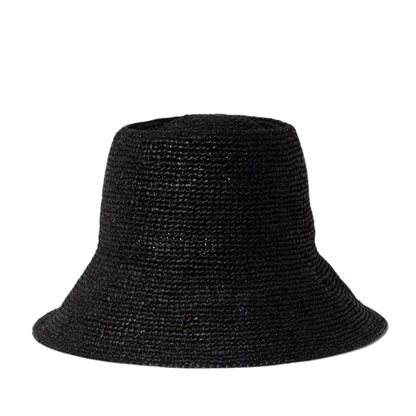 Janessa Leone Felix Bucket Raffia Straw Crochet Hat Packable Travel Bucket Hat – Black (Large)