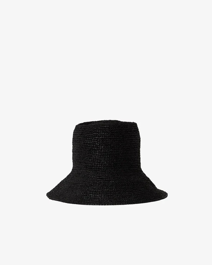 Janessa Leone Felix Bucket Raffia Straw Crochet Hat Packable Travel Bucket Hat – Black (Small)
