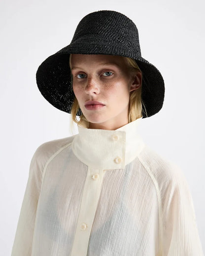 Janessa Leone Felix Bucket Raffia Straw Crochet Hat Packable Travel Bucket Hat – Black (Large)