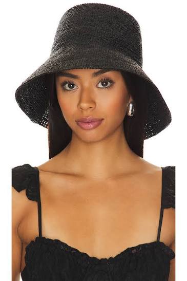 Janessa Leone Felix Bucket Raffia Straw Crochet Hat Packable Travel Bucket Hat – Black (Small)