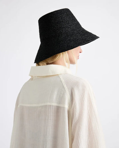 Janessa Leone Felix Bucket Raffia Straw Crochet Hat Packable Travel Bucket Hat – Black (Large)
