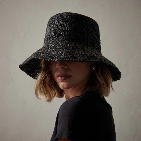 Janessa Leone Felix Bucket Raffia Straw Crochet Hat Packable Travel Bucket Hat – Black (Small)