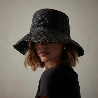 Janessa Leone Felix Bucket Raffia Straw Crochet Hat Packable Travel Bucket Hat – Black (Small)
