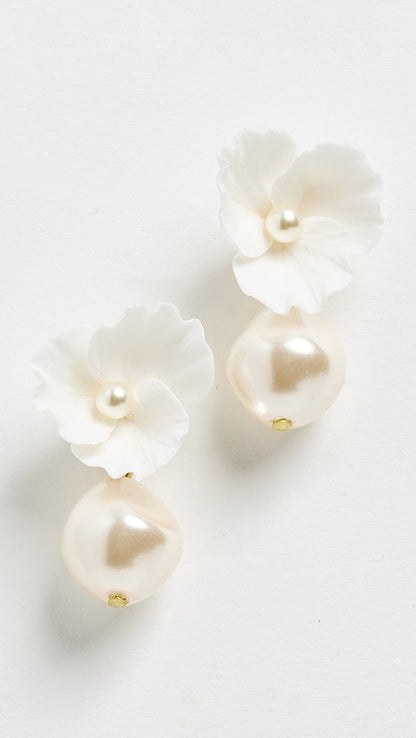 Jennifer Behr Clarabel Earrings – Cream Floral Drop Earrings with Baroque Pearl