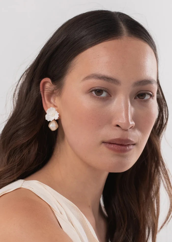 Jennifer Behr Clarabel Earrings – Cream Floral Drop Earrings with Baroque Pearl