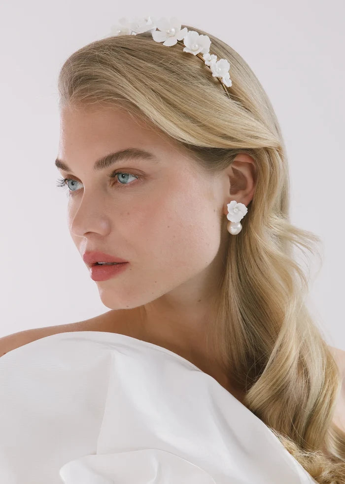 Jennifer Behr Clarabel Earrings – Cream Floral Drop Earrings with Baroque Pearl