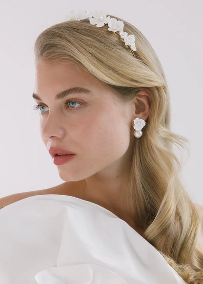 Jennifer Behr Clarabel Earrings – Cream Floral Drop Earrings with Baroque Pearl