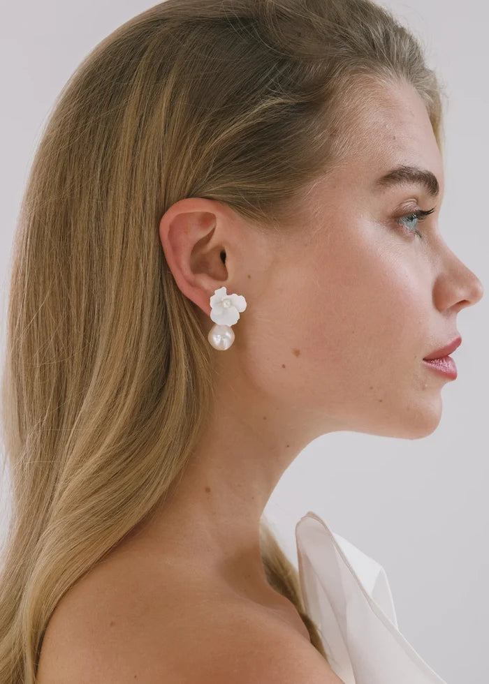 Jennifer Behr Clarabel Earrings – Cream Floral Drop Earrings with Baroque Pearl