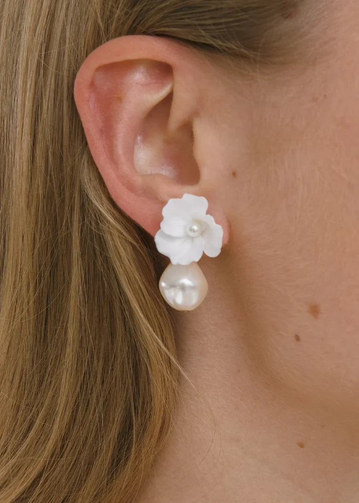 Jennifer Behr Clarabel Earrings – Cream Floral Drop Earrings with Baroque Pearl