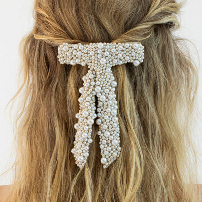 Jennifer Behr Donna Pearl Bridal Bow Barrette – Ivory Swarovski Pearl Hair Bow Clip, One Size