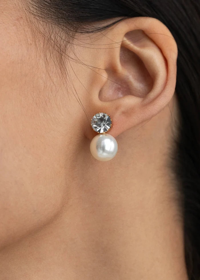 Jennifer Behr Ines Earrings – Crystal Pearl Drop Earrings, Antique Gold Finish