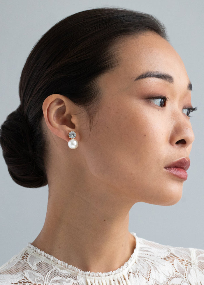Jennifer Behr Ines Earrings – Crystal Pearl Drop Earrings, Antique Gold Finish