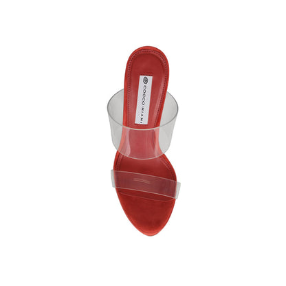 Kaila platform mule in red vinyl, top view of the footbed