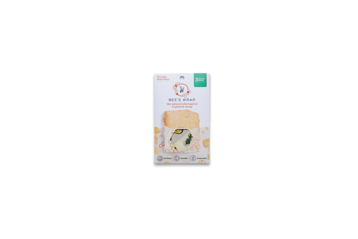 A package of Bees Wrap beeswax wraps, medium 3 pack in packaging with the Wheels n Wedges print.