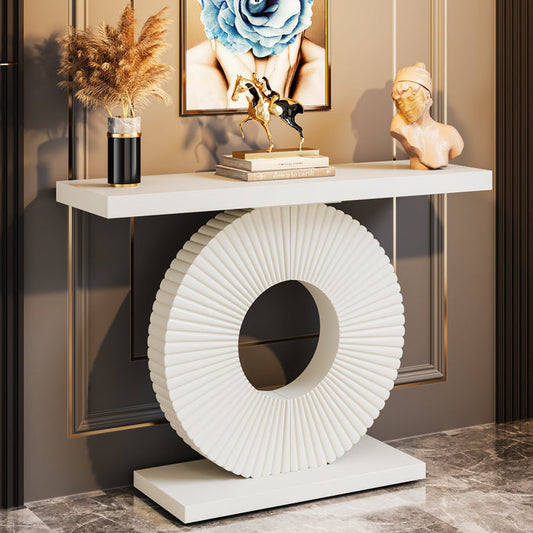 Modern Console Table 40" Wood Sofa Table with Geometric Base Tribesigns#Colour_White