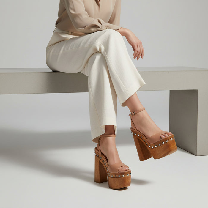 Myst Studded Wood Platform Sandal Nude Leather, view 2