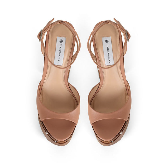 Myst Studded Wood Platform Sandal Nude Leather