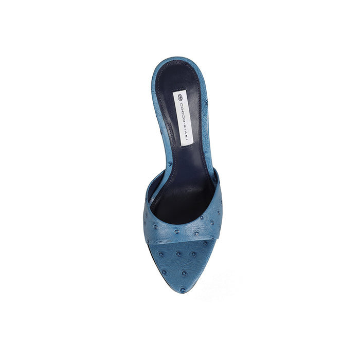 Nola mule in ostrich-embossed blue, top view of the footbed