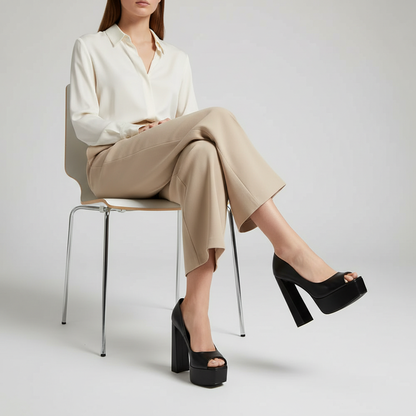 Parker Peep Toe Leather Black worn by a model